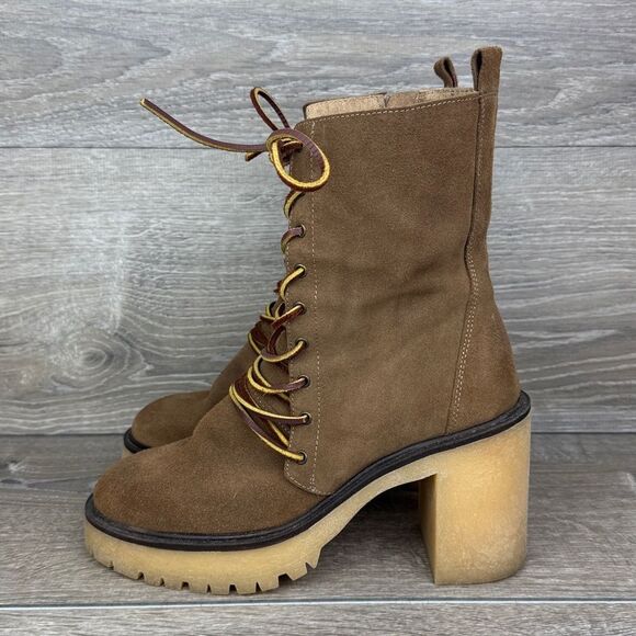 Free People Dylan Lace Up Taupe Brown Leather Tall Chunky Y2K 9-Eye Heeled Boots - Picture 3 of 13